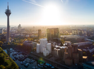 Düsseldorf, Germany - Media Harbour with Rheinturm and Neuem Zollhof building