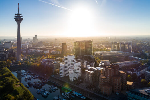 Düsseldorf, Germany - Media Harbour with Rheinturm and Neuem Zollhof building