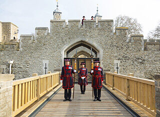 Yeoman Warders stand by the Middle Drawbridge in Tower of London