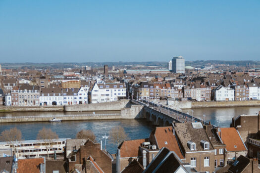 View of Maastricht and the Saint Servaasbrug footbridge across the river Meuse