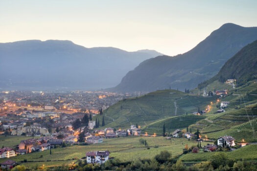 Panoramic view of Bolzano and Vineyards in the evening